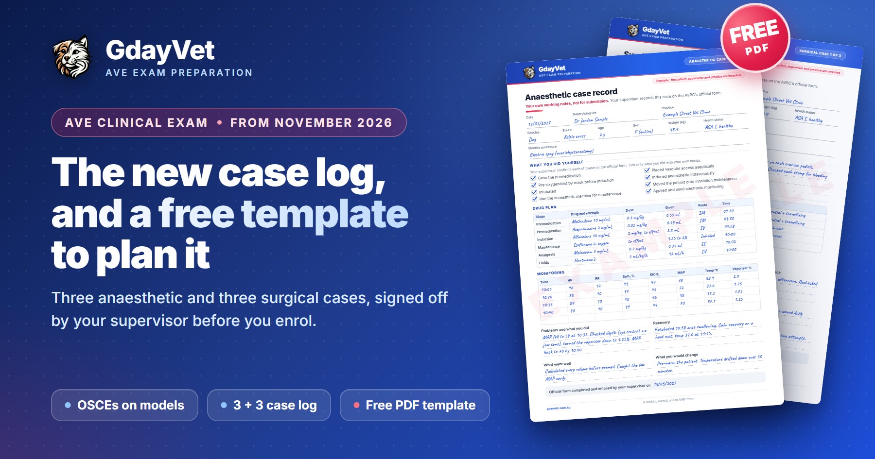 GdayVet case log template for the AVE clinical exam, showing a filled-in anaesthetic case record